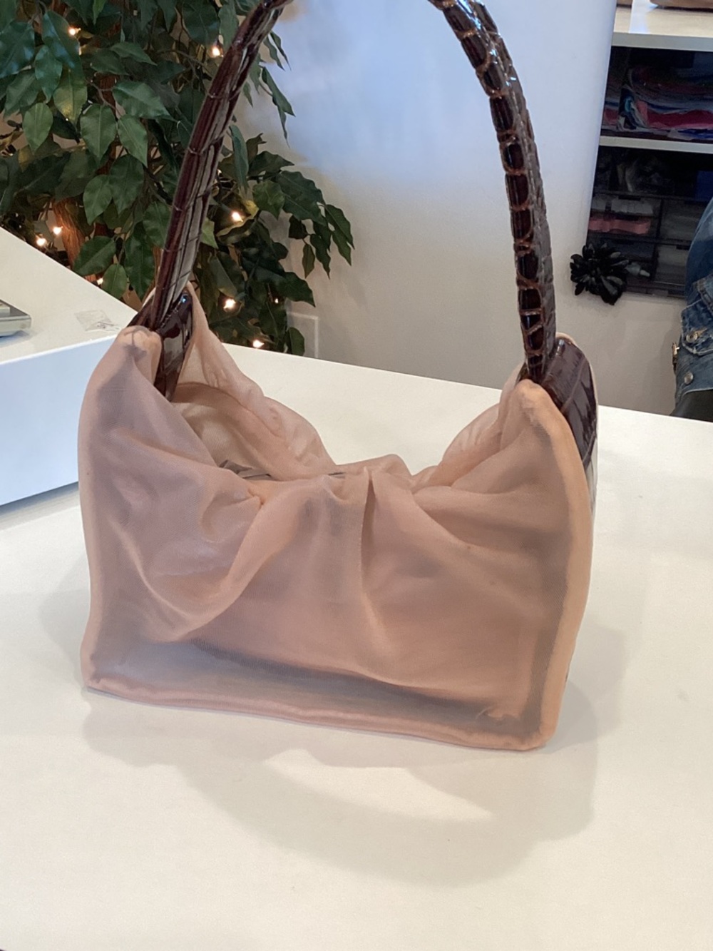 STAUD Pink Shoulder Bag with Brown Croc-Texture Handle